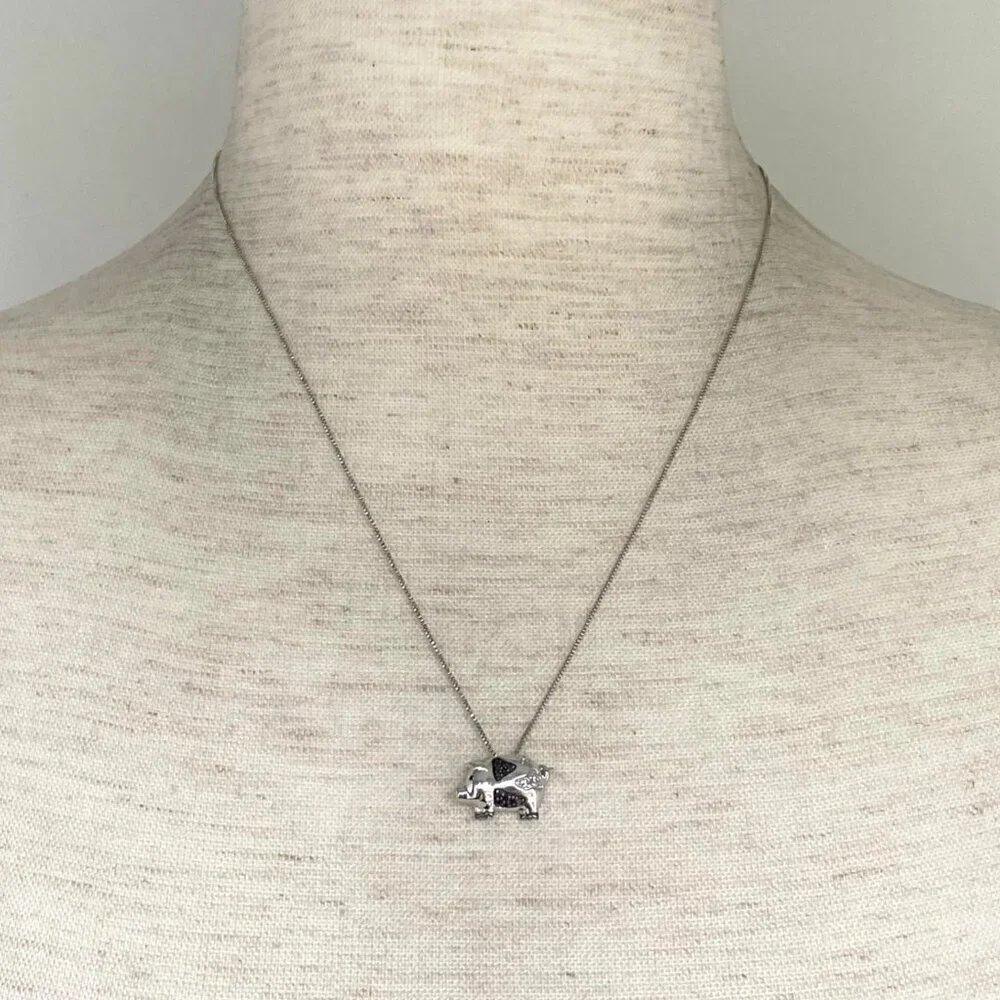 Sterling Silver 925 Black & White Diamond Pig Piggy Piglet Pendant Necklace 18